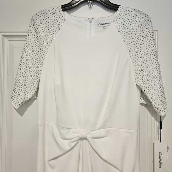 Calvin Klein Rhinestone Short Sleeve Crew Neck Knot Front Sheath Long Maxi Dress - Picture 5 of 14